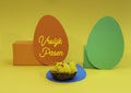 Dutch words Vrolijk Pasen with basket of yellow toy chicks Royalty Free Stock Photo