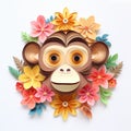 Colorful Paper Monkey Surrounded By Flowers: Realistic Animal Portrait