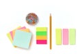 Colorful paper notes, paper clip and pencil on white background Royalty Free Stock Photo