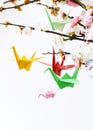 Colorful paper origami birds on flowering branches of cherry Royalty Free Stock Photo