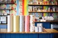 colorful paper rolls on shelves behind counter Royalty Free Stock Photo