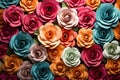 Colorful paper rose flowers as a background, 3d render illustration, Backdrop of colorful paper roses, AI Generated Royalty Free Stock Photo