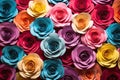 Colorful paper roses background. Close up of colorful paper flowers. Backdrop of colorful paper roses, AI Generated Royalty Free Stock Photo