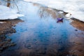 A colorful paper ship sails in the lake. It`s got ice and snow around it.