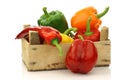 Colorful paprika's(capsicum) in a wooden box