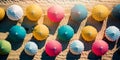 colorful parasols, beach umbrellas in resort sand. top view Royalty Free Stock Photo