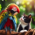 A colorful parrot and a black and white kitten sit together on a tree branch. Royalty Free Stock Photo