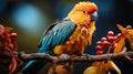 A colorful parrot with a bright crest, sits on a branch in a tropical forest surrounded by lush ve Royalty Free Stock Photo