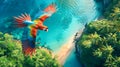 Colorful parrot flying over tropical island with sandy beach and turquoise ocean.