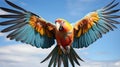 A colorful parrot flying in the sky. Generative AI. Royalty Free Stock Photo