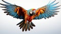 A colorful parrot flying in the sky isolated on white background. Generative AI. Royalty Free Stock Photo