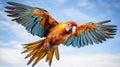 A colorful parrot flying in the sky isolated on white background. Generative AI. Royalty Free Stock Photo