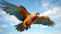 A colorful parrot flying in the sky isolated on white background. Generative AI. Royalty Free Stock Photo