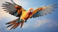 A colorful parrot flying in the sky isolated on white background. Generative AI. Royalty Free Stock Photo