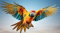 A colorful parrot flying in the sky isolated on white background. Generative AI. Royalty Free Stock Photo