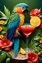 A colorful parrot with a glass of cocktail, surrounded by the flower and leaves, mineral painting, paper cutting art, animal art Royalty Free Stock Photo