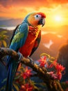 Colorful Parrot in the Golden Sunset
