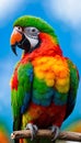 A colorful parrot with a green and red feather is sitting on a blue background. Generative AI