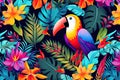 colorful parrot in jungle paradise with tropical flowers