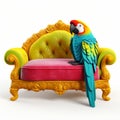 Colorful Parrot On Ornamental Goldplated Couch - Bryce 3d Caninecore Commercial Imagery