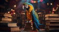 Blue-Gold Macaw Perched on Antique Books in a Mystic Setting Royalty Free Stock Photo