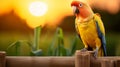 Colorful Parrot On Wooden Fence At Sunset: A Stunning Photo Royalty Free Stock Photo