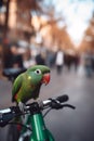 Colorful Parrot Perched on Bicycle Handlebar in Busy City