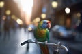 Colorful Parrot Perched on Bicycle Handlebar in Busy City