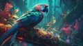 Colorful parrot perched on a branch in the jungle, in the style of psychedelic realism