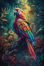 Colorful parrot perched on a branch in the jungle, in the style of psychedelic realism