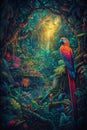 Colorful parrot perched on a branch in the jungle, in the style of psychedelic realism