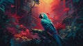 Colorful parrot perched on a branch in the jungle, in the style of psychedelic realism