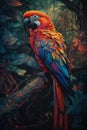 Colorful parrot perched on a branch in the jungle, in the style of psychedelic realism