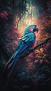 Colorful parrot perched on a branch in the jungle, in the style of psychedelic realism