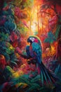 Colorful parrot perched on a branch in the jungle, in the style of psychedelic realism