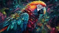 Colorful parrot perched on a branch in the jungle, in the style of psychedelic realism