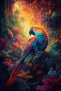 Colorful parrot perched on a branch in the jungle, in the style of psychedelic realism