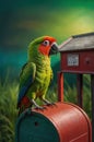 Sensational Red-fronted Macaw Perched on Vintage Mailbox Royalty Free Stock Photo