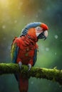 Colorful parrot perched on a moss-covered branch in the rainforest.