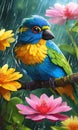 A colorful parrot perched in a rain-soaked flower tree and lush greenery in the background