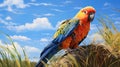 Colorful Parrot Perched On Tall Grass: Realistic Hyper-detailed Rendering
