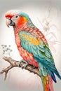 Colorful parrot sitting on a branch. Hand drawn illustration. Generative AI Royalty Free Stock Photo