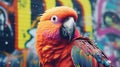 A vibrant parrot posing in front of a colorful graffiti wall Royalty Free Stock Photo