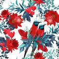 Colorful birds and exotic flowers