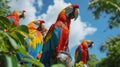 Colorful parrots perched on a vibrant branch, showcasing their brilliant plumage. Blue and Gold Macaw or Ara Ararauna and Green Royalty Free Stock Photo