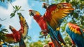 Colorful parrots perched on a vibrant branch, showcasing their brilliant plumage. Blue and Gold Macaw or Ara Ararauna and Green Royalty Free Stock Photo