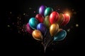 Colorful party balloons with confetti and ribbons on a black background. Generative AI Royalty Free Stock Photo