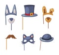 Colorful Party Birthday Photo Booth Prop with Animal Mask, Top Hat and Mustache Vector Set