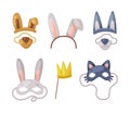 Colorful Party Birthday Photo Booth Prop with Crown, Hairband and Animal Mask Vector Set