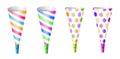 Colorful party blowers horns dotted and stripped paper decorations for happy holiday celebration